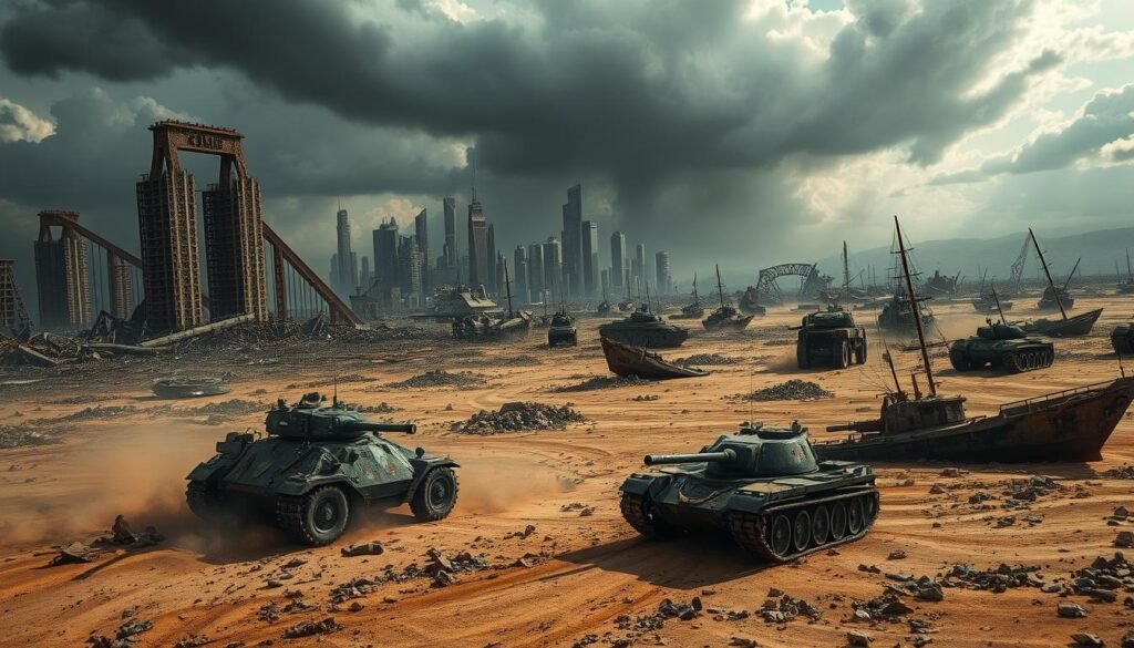 A desolate post-apocalyptic landscape featuring a shattered city skyline, with crumbling skyscrapers and twisted metal structures. In the foreground, a group of armored vehicles navigates through the debris, their paint chipped and worn, highlighting a gritty survival theme. The middle ground reveals a barren wasteland interspersed with remnants of civilization, such as a rusted tank and abandoned ships half-buried in sand. The background showcases ominous storm clouds with eerie lighting casting shadows over the scene, intensifying the mood of danger and uncertainty. Use a high-angle perspective to capture the vastness of the setting, emphasizing the challenges faced in this harsh world. The image should reflect a sense of resilience and the struggle for survival, capturing the essence of "postapokaliptyczne światy". Include the brand "tylkommo.pl" subtly integrated into the environment without compromising the focus on the scene. A desolate post-apocalyptic landscape featuring a shattered city skyline, with crumbling skyscrapers and twisted metal structures. In the foreground, a group of armored vehicles navigates through the debris, their paint chipped and worn, highlighting a gritty survival theme. The middle ground reveals a barren wasteland interspersed with remnants of civilization, such as a rusted tank and abandoned ships half-buried in sand. The background showcases ominous storm clouds with eerie lighting casting shadows over the scene, intensifying the mood of danger and uncertainty. Use a high-angle perspective to capture the vastness of the setting, emphasizing the challenges faced in this harsh world. The image should reflect a sense of resilience and the struggle for survival, capturing the essence of "postapokaliptyczne światy". Include the brand "tylkommo.pl" subtly integrated into the environment without compromising the focus on the scene.
