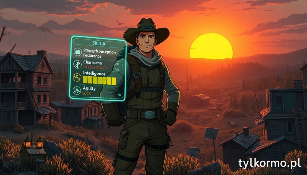 A detailed and dynamic illustration of a character development system inspired by the S.P.E.C.I.A.L. system in Fallout 76. In the foreground, a confident character in slightly futuristic, rugged explorer attire stands proudly, displaying a glowing holographic interface showcasing skills and attributes like Strength, Perception, Endurance, Charisma, Intelligence, Agility, and Luck. In the middle ground, a stylized landscape reminiscent of a post-apocalyptic world unfolds, with dilapidated buildings overtaken by nature and remnants of the old world. The background features a dramatic sunset casting warm orange and purple hues across a desolate yet intriguing horizon. Soft, diffused lighting highlights the character, creating a sense of empowerment and adventure. The image should evoke a mood of exploration and discovery. "tylkommo.pl" is subtly integrated into the scene as part of the environment.