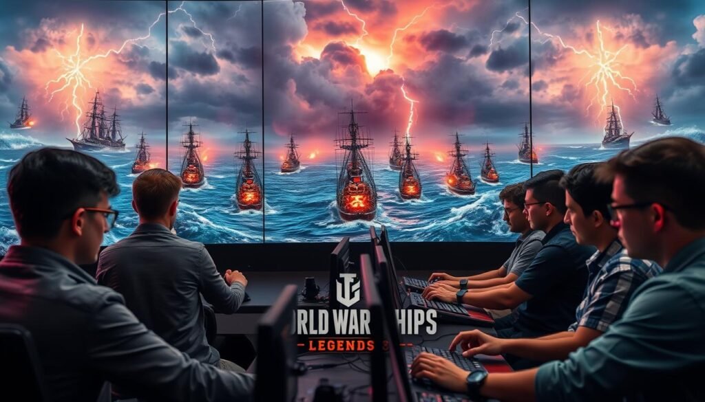 A dynamic and immersive scene depicting a naval battle inspired by "World of Warships: Legends". In the foreground, a diverse group of gamers, focused and in casual yet professional attire, intensely navigates the console controls. They are surrounded by large monitors showcasing epic maritime combat, with detailed ship models and vibrant ocean waves. The middle ground features a dramatic view of majestic warships, with sails billowing and cannons firing against a backdrop of a stormy sea. The background displays an ominous sky filled with dark clouds, illuminated by occasional lightning bolts, creating a tense atmosphere. The lighting is dramatic, emphasizing the faces of the gamers as they engage in the heat of battle. This captivating image reflects strategy, teamwork, and the excitement of naval warfare in a gaming context, representing tylkommo.pl. A dynamic and immersive scene depicting a naval battle inspired by "World of Warships: Legends". In the foreground, a diverse group of gamers, focused and in casual yet professional attire, intensely navigates the console controls. They are surrounded by large monitors showcasing epic maritime combat, with detailed ship models and vibrant ocean waves. The middle ground features a dramatic view of majestic warships, with sails billowing and cannons firing against a backdrop of a stormy sea. The background displays an ominous sky filled with dark clouds, illuminated by occasional lightning bolts, creating a tense atmosphere. The lighting is dramatic, emphasizing the faces of the gamers as they engage in the heat of battle. This captivating image reflects strategy, teamwork, and the excitement of naval warfare in a gaming context, representing tylkommo.pl.