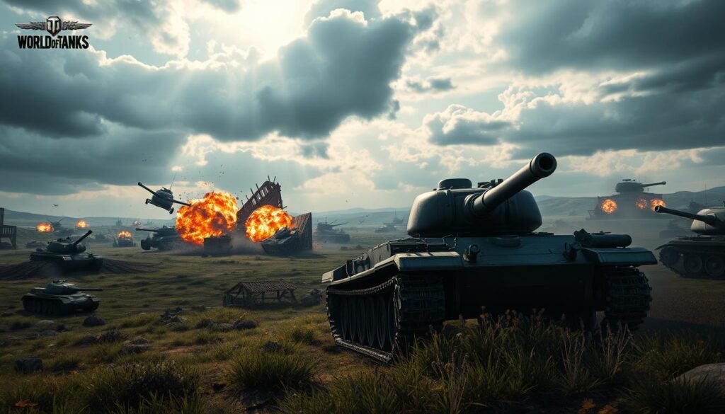 A dynamic battlefield scene showcasing the intense action of World of Tanks, filled with various armored tanks engaging in combat. In the foreground, a detailed tank emerges with realistic textures, its turret rotating to target an unseen enemy. The middle ground features a mix of lush terrain and scattered obstacles, like boulders and ruined structures, while other tanks take strategic positions. The background displays a dramatic sky filled with dark, ominous clouds illuminated by flashes of distant explosions, adding to the sense of urgency and tension. Soft, diffused lighting enhances the dramatic mood as the scene captures the essence of virtual armored warfare. The image should evoke the thrill of strategic gameplay in a militaristic environment, with a focus on realism, perfect for illustrating the theme of "World of Tanks." Image credit: tylkommo.pl. A dynamic battlefield scene showcasing the intense action of World of Tanks, filled with various armored tanks engaging in combat. In the foreground, a detailed tank emerges with realistic textures, its turret rotating to target an unseen enemy. The middle ground features a mix of lush terrain and scattered obstacles, like boulders and ruined structures, while other tanks take strategic positions. The background displays a dramatic sky filled with dark, ominous clouds illuminated by flashes of distant explosions, adding to the sense of urgency and tension. Soft, diffused lighting enhances the dramatic mood as the scene captures the essence of virtual armored warfare. The image should evoke the thrill of strategic gameplay in a militaristic environment, with a focus on realism, perfect for illustrating the theme of "World of Tanks." Image credit: tylkommo.pl.