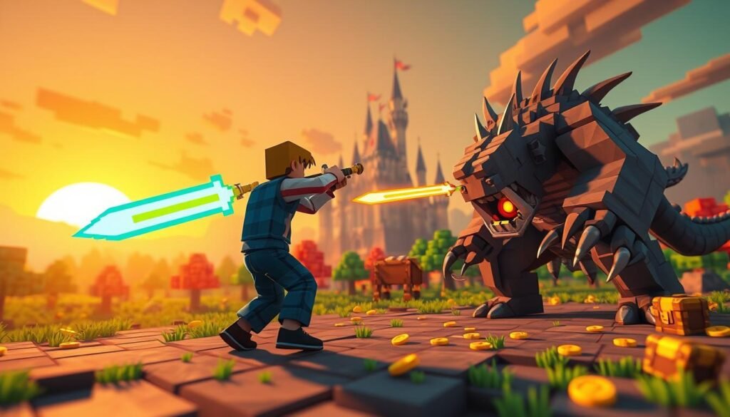 A dynamic scene showcasing an intense combat encounter in a voxel-based MMO environment, emphasizing the "System walki i zdobywanie lootu". In the foreground, a character in modest casual clothing wields a brightly colored, pixelated sword against a formidable, blocky monster, with glowing health bars visible above each combatant. In the middle ground, a landscape of vibrant voxel trees and treasures scattered across the ground, including gold coins and glowing loot chests, adds excitement. The background features a pixelated castle under a dramatic sunset, casting a warm golden light across the scene. The composition uses a slightly low-angle perspective to emphasize the scale of both characters and the surroundings, creating a sense of action and adventure. The overall mood is energetic and adventurous. Image by tylkommo.pl.