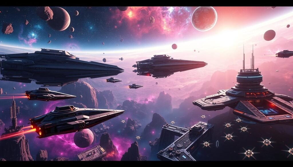 A futuristic cosmic simulator scene depicting a vast open world filled with colossal starships navigating through vibrant nebulae and asteroid fields. In the foreground, several intricately designed space vehicles, showcasing detailed technology and sleek lines, are engaged in exciting maneuvers. The middle ground features a bustling space station with glowing lights and activity. In the background, a breathtaking starry sky reveals distant planets and swirling galaxies, emphasizing the limitless potential of exploration. The atmosphere is vibrant and adventurous, illuminated by ethereal lighting effects that enhance the sense of wonder. Capture this dynamic scene using a wide-angle lens to give a sense of scale and depth. Perfectly blending the thrill of cosmic exploration with immersive gameplay elements, the image reflects the essence of "Kosmiczne symulatory" and aligns with the brand identity of tylkommo.pl. A futuristic cosmic simulator scene depicting a vast open world filled with colossal starships navigating through vibrant nebulae and asteroid fields. In the foreground, several intricately designed space vehicles, showcasing detailed technology and sleek lines, are engaged in exciting maneuvers. The middle ground features a bustling space station with glowing lights and activity. In the background, a breathtaking starry sky reveals distant planets and swirling galaxies, emphasizing the limitless potential of exploration. The atmosphere is vibrant and adventurous, illuminated by ethereal lighting effects that enhance the sense of wonder. Capture this dynamic scene using a wide-angle lens to give a sense of scale and depth. Perfectly blending the thrill of cosmic exploration with immersive gameplay elements, the image reflects the essence of "Kosmiczne symulatory" and aligns with the brand identity of tylkommo.pl.