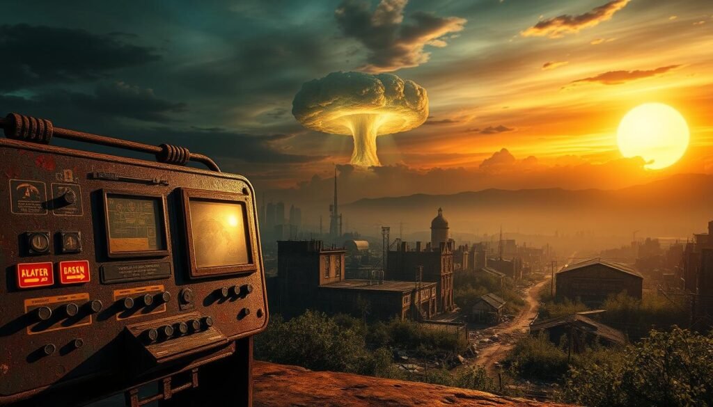 A post-apocalyptic landscape showcasing the power of nuclear energy in gameplay. In the foreground, a detailed view of a rusted, abandoned control panel with flickering buttons and glowing screens, hinting at atomic power use. The middle ground features a desolate urban environment, with crumbling buildings and overgrown vegetation, symbolizing the aftermath of a nuclear event. In the background, a radiant mushroom cloud looms above, illuminated by a dramatic sunset, casting an eerie glow over the scene. The atmosphere is tense and foreboding, with dark shadows accentuating the remnants of civilization. Utilize a slightly off-center angle to enhance depth. Lighting should emphasize contrasts between the glowing elements and shadowy ruins, evoking a sense of both danger and intrigue. The image should capture the essence of strategic gameplay involving atomic energy. This artwork is created for tylkommo.pl.