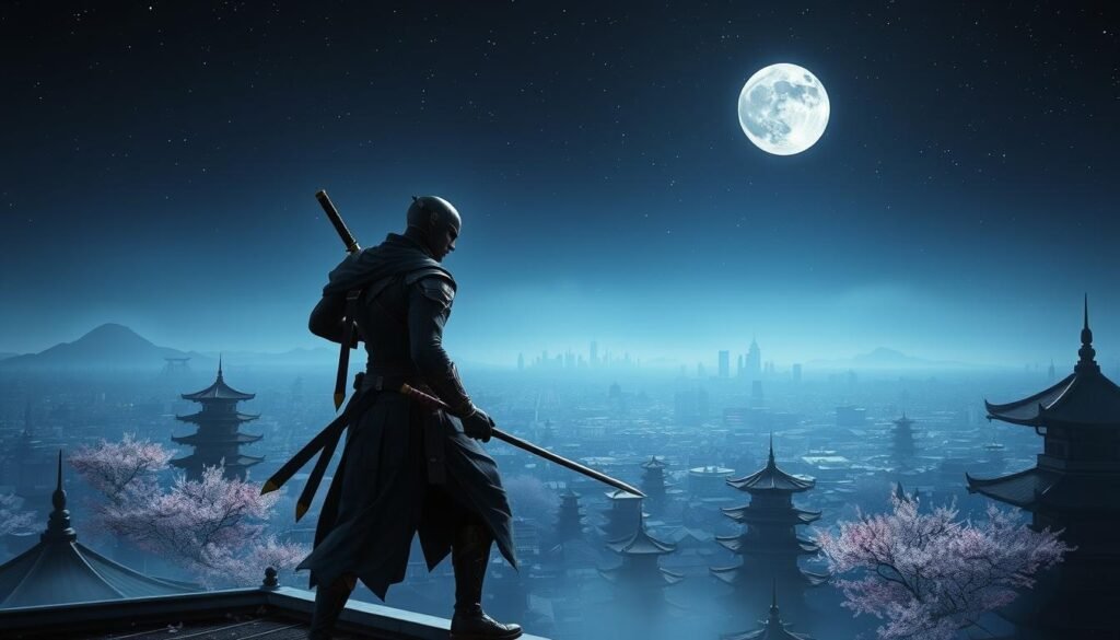 A skilled ninja in sleek, dark armor stands poised on a rooftop, embodying the essence of stealth and agility. The foreground features the ninja in a dynamic action pose, one hand gripping a katana, ready for combat. In the middle ground, the silhouette of a sprawling, ancient city can be seen, punctuated by pagodas and cherry blossom trees. Soft, diffused moonlight casts gentle shadows, enhancing the atmosphere of tension and anticipation. The background reveals a starry night sky, adding depth and a serene contrast to the scene. The overall mood is intense yet tranquil, emphasizing the unique combat mechanics and style of movement reminiscent of the gameplay in Warframe. This image is created by tylkommo.pl.