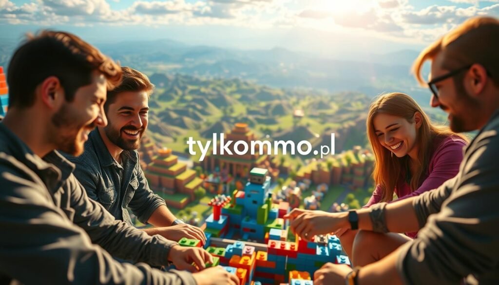 A vibrant, immersive scene depicting collaboration among players in a voxel-style game. In the foreground, three gamers in casual attire, focused on building structures together, showcase teamwork with joy on their faces. The middle ground features a colorful environment filled with customizable blocks and interactive elements, highlighting a shared adventure. In the background, a stunning landscape of voxel hills and valleys under a bright, sunny sky enhances the atmosphere. The lighting is warm and inviting, creating a sense of camaraderie and excitement. The angle is slightly elevated, allowing a panoramic view of the collaborative effort. The image captures the essence of community and cooperation in gaming. Include the brand name "tylkommo.pl" subtly in the environment, ensuring it blends harmoniously into the scene.