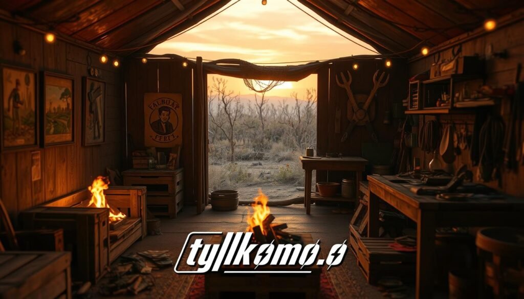 A vibrant, post-apocalyptic CAMP shelter scene from Fallout 76, depicting a makeshift home constructed from salvaged materials. In the foreground, show a cozy interior space with a flickering fire pit, wooden crates used as furniture, and walls adorned with scavenged artwork. The middle ground features a worn-out, yet charming workbench with tools and crafting supplies scattered around. In the background, a desolate, overgrown wasteland can be seen through the entrance, with a dusky, orange-hued sky, casting soft shadows throughout the scene. Aim for a warm and inviting atmosphere, capturing the spirit of survival and creativity in a ruined world. Use realistic lighting with a slight bokeh effect, focusing on the intricate details of the shelter, blending a sense of both comfort and desolation. Include the brand name "tylkommo.pl" subtly integrated into the decor.