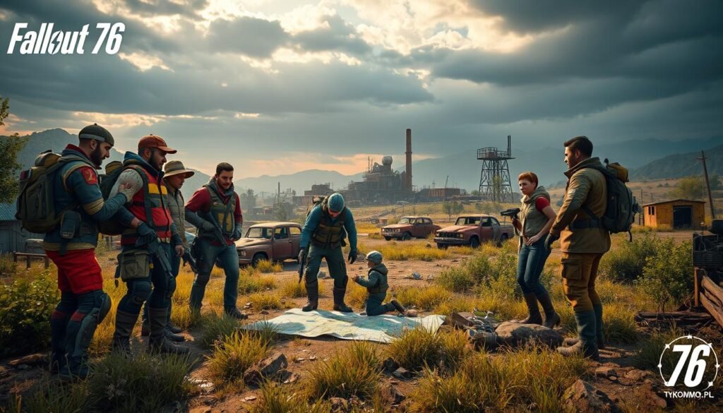 A vibrant post-apocalyptic landscape from Fallout 76, showcasing a group of diverse players collaborating in the foreground. Each player, dressed in colorful, rugged survival gear, is engaged in a strategic discussion over a map, with weapons holstered and supplies scattered around. In the middle ground, remnants of a dilapidated factory and abandoned vehicles hint at the game's rich lore, surrounded by overgrown vegetation and rusted metal structures. The background reveals a vast, moody sky with drifting clouds, casting dramatic shadows across the landscape. Use warm lighting to create an inviting atmosphere, reminiscent of camaraderie in a survival setting. The photo should be shot from a slightly elevated angle, capturing the players' interaction and the expansive world of Fallout 76, all while subtly branding it with "tylkommo.pl".