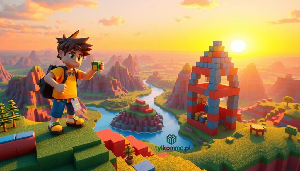 A vibrant voxel landscape showcasing the mechanics of building and terrain shaping in a game design context. In the foreground, a dynamic character in casual game-themed attire is skillfully constructing a structure using colorful, block-like materials. The middle ground features various terrains, such as mountains, rivers, and valleys, all made up of distinct voxel shapes, illustrating the creative freedom of terrain manipulation. In the background, a distant horizon with a glowing sunset casts warm lighting over the scene, enhancing the whimsical atmosphere. The composition should have a slightly elevated angle to capture the expansive landscape, emphasizing the complexity and fun of building mechanics. The mood is innovative and adventurous, reflecting the essence of gameplay. The brand "tylkommo.pl" subtly integrated into the environment through a voxel structure in the shape of the logo.