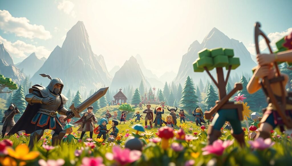 A vibrant voxel-style scene showcasing a diverse group of characters in a fantasy MMO world, embodying various classes and skills. In the foreground, a warrior clad in polished armor brandishes a sword, while a mage in flowing robes conjures a spell. To the right, an archer takes aim at a distant target. In the middle ground, a lush, pixelated forest teems with colorful flora and fauna, and a variety of character avatars, highlighting collaboration and class selection. The background features towering voxel mountains under a bright, clear sky, with soft sunlight casting playful shadows. The atmosphere is lively and adventurous, encouraging exploration and teamwork. The scene is framed with a slight depth of field to emphasize the characters, bringing a sense of immersion into the voxel universe, as inspired by tylkommo.pl.