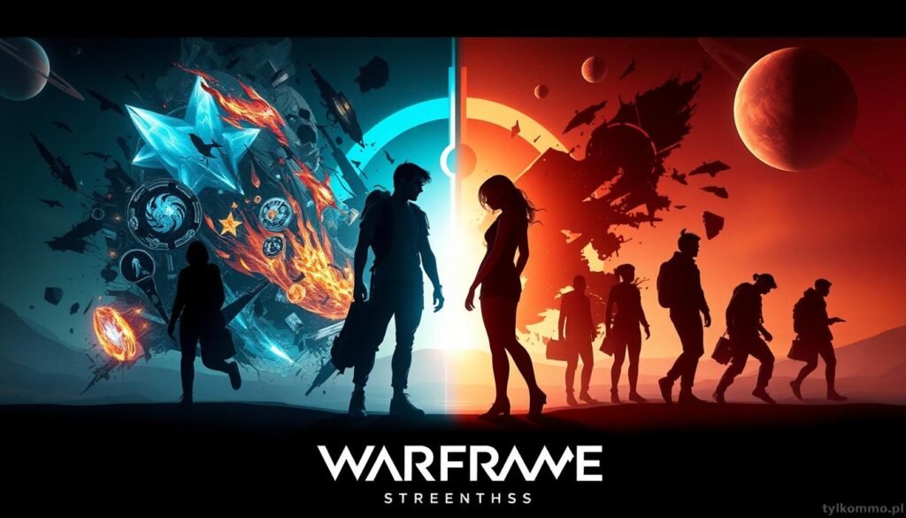 A visually striking illustration showcasing the strengths and weaknesses of Digital Extremes in a dynamic composition. In the foreground, a split design featuring vibrant, glowing elements representing strengths like engaging gameplay and stunning graphics, contrasted with darker, fragmented imagery that symbolizes weaknesses such as repetitive elements and player concerns. In the middle ground, silhouettes of players immersed in the game, dressed in modest casual clothing, capturing the immersive experience of Warframe. The background features a sci-fi landscape with celestial bodies and distant planets, enhancing the mood of exploration. The lighting is dramatic, with high contrast illuminating the strengths while casting shadows on the weaknesses. A cinematic angle adds depth and intrigue, embodying the passionate debates surrounding the game. Include a subtle logo of "tylkommo.pl" as a watermark in the bottom corner.