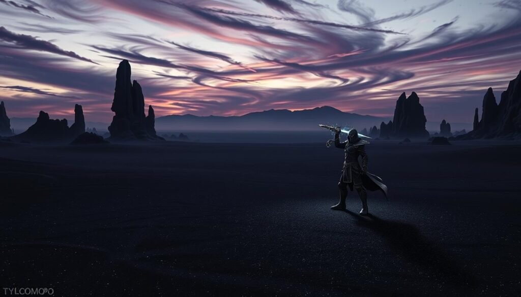 A breathtaking scene depicting a vast, surreal landscape of a black desert, where the ground is covered with dark, fine sand that sparkles under a dim, ethereal twilight. In the foreground, intricately shaped rock formations tower majestically, casting long shadows across the barren terrain. The middle ground features a lone, stylish character dressed in elaborate, fantasy-inspired armor, confidently wielding a shimmering weapon, imbued with mystical energy. In the background, a faint silhouette of distant mountains looms under a sky filled with swirling clouds tinged in deep purples and blues, hinting at an otherworldly atmosphere. The overall mood is mysterious and captivating, evoking a sense of adventure and exploration within a fantasy realm. The lighting is soft and diffuse, enhancing the enchanting quality of the scene. Tylkommo.pl. A breathtaking scene depicting a vast, surreal landscape of a black desert, where the ground is covered with dark, fine sand that sparkles under a dim, ethereal twilight. In the foreground, intricately shaped rock formations tower majestically, casting long shadows across the barren terrain. The middle ground features a lone, stylish character dressed in elaborate, fantasy-inspired armor, confidently wielding a shimmering weapon, imbued with mystical energy. In the background, a faint silhouette of distant mountains looms under a sky filled with swirling clouds tinged in deep purples and blues, hinting at an otherworldly atmosphere. The overall mood is mysterious and captivating, evoking a sense of adventure and exploration within a fantasy realm. The lighting is soft and diffuse, enhancing the enchanting quality of the scene. Tylkommo.pl.