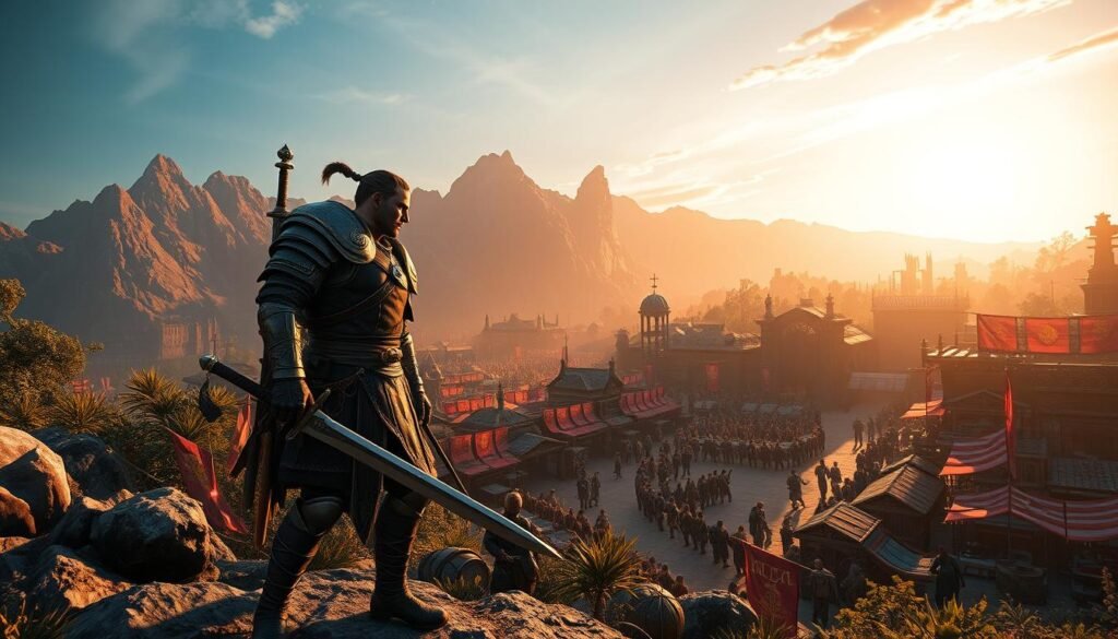 A breathtaking scene from "The Elder Scrolls Online" set in the lush, expansive world of Tamriel. In the foreground, a skilled Nord warrior in polished armor, wielding a sword, stands ready for adventure on a rocky hillside, capturing the essence of bravery and strength. In the middle ground, a bustling market filled with various fantasy races—elves, orcs, and humans—trading goods under colorful banners, creating a vibrant atmosphere. The background features majestic mountains and ancient ruins, bathed in warm, golden sunlight that enhances the enchanting ambiance. The sky transitions from deep blue to soft pastel colors of sunset, adding a magical touch. The composition uses a wide-angle lens to capture the depth of the landscape. This artwork embodies the rich history and diversity of Tamriel, perfect for illustrating the MMO experience on PS5 versus Xbox. Inspired by tylkommo.pl. A breathtaking scene from "The Elder Scrolls Online" set in the lush, expansive world of Tamriel. In the foreground, a skilled Nord warrior in polished armor, wielding a sword, stands ready for adventure on a rocky hillside, capturing the essence of bravery and strength. In the middle ground, a bustling market filled with various fantasy races—elves, orcs, and humans—trading goods under colorful banners, creating a vibrant atmosphere. The background features majestic mountains and ancient ruins, bathed in warm, golden sunlight that enhances the enchanting ambiance. The sky transitions from deep blue to soft pastel colors of sunset, adding a magical touch. The composition uses a wide-angle lens to capture the depth of the landscape. This artwork embodies the rich history and diversity of Tamriel, perfect for illustrating the MMO experience on PS5 versus Xbox. Inspired by tylkommo.pl.