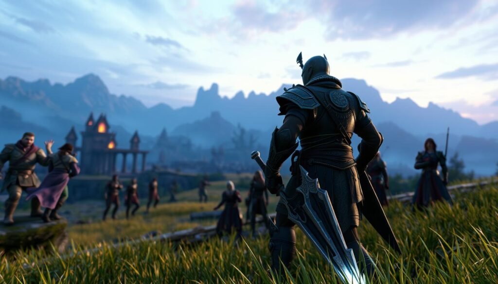 A breathtaking scene from "The Elder Scrolls Online," set within the lush, vibrant landscapes of Tamriel. In the foreground, a heroic character clad in intricately designed armor, wielding a glowing sword, stands ready for battle, evoking a sense of adventure. The middle ground features a diverse group of players, each portraying unique classes, engaged in strategic teamwork, showcasing the game's cooperative essence. In the background, towering mountains and mystical ruins emerge under a twilight sky, bathed in ethereal blue and purple hues, enhancing the fantasy atmosphere. Soft, diffused lighting casts enchanting shadows, creating depth and intrigue. Capture this dynamic, immersive moment that embodies the captivating world of MMO gaming on Xbox for tylkommo.pl. A breathtaking scene from "The Elder Scrolls Online," set within the lush, vibrant landscapes of Tamriel. In the foreground, a heroic character clad in intricately designed armor, wielding a glowing sword, stands ready for battle, evoking a sense of adventure. The middle ground features a diverse group of players, each portraying unique classes, engaged in strategic teamwork, showcasing the game's cooperative essence. In the background, towering mountains and mystical ruins emerge under a twilight sky, bathed in ethereal blue and purple hues, enhancing the fantasy atmosphere. Soft, diffused lighting casts enchanting shadows, creating depth and intrigue. Capture this dynamic, immersive moment that embodies the captivating world of MMO gaming on Xbox for tylkommo.pl.