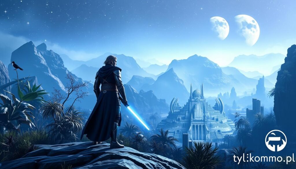 A dramatic scene set in the vibrant universe of Star Wars The Old Republic, showcasing a heroic Jedi Knight in elegant blue and silver armor with a glowing lightsaber ignited. In the foreground, the Jedi Knight stands confidently on a rocky outcrop, gazing into the distance, embodying a sense of purpose and valor. In the middle ground, lush alien vegetation can be seen, interspersed with ancient ruins hinting at forgotten lore, bathed in soft, ambient blue lighting that evokes the essence of a distant galaxy. The background features a majestic star-filled sky with two moons, enhancing the atmospheric depth. The overall mood is epic and adventurous, inviting viewers to immerse in the rich narrative world. The logo "tylkommo.pl" is subtly included in the corner.