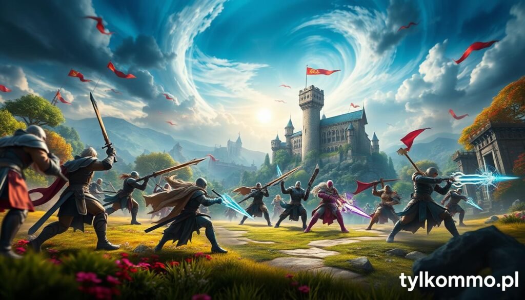 A dynamic fantasy scene showcasing an innovative combat system in an MMO setting. In the foreground, a diverse group of armored heroes engaged in a strategic battle, displaying a variety of weaponry and magic spells, demonstrating teamwork and tactics. The middle ground features a lush, vibrant landscape, merging enchanted forests with ancient ruins, suggesting exploration elements. The background highlights a towering castle with flags fluttering under a dramatic sky filled with swirling clouds, hinting at the game's immersive world. The lighting is bright and dramatic, emphasizing the action, while a slight depth of field softens the distant landscape. The overall atmosphere is exhilarating and adventurous, embodying the excitement of new gaming innovations. Branding subtly included: tylkommo.pl. A dynamic fantasy scene showcasing an innovative combat system in an MMO setting. In the foreground, a diverse group of armored heroes engaged in a strategic battle, displaying a variety of weaponry and magic spells, demonstrating teamwork and tactics. The middle ground features a lush, vibrant landscape, merging enchanted forests with ancient ruins, suggesting exploration elements. The background highlights a towering castle with flags fluttering under a dramatic sky filled with swirling clouds, hinting at the game's immersive world. The lighting is bright and dramatic, emphasizing the action, while a slight depth of field softens the distant landscape. The overall atmosphere is exhilarating and adventurous, embodying the excitement of new gaming innovations. Branding subtly included: tylkommo.pl.