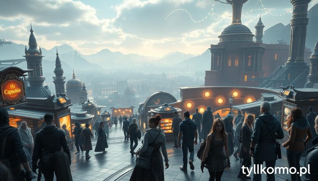 A futuristic gaming environment showcasing personalized NPCs (non-player characters) in an immersive MMO world. In the foreground, a diverse group of NPCs, characterized by unique clothing styles and facial expressions, interact with players in a vibrant marketplace. The middle ground features intricate architecture, blending fantasy and sci-fi elements, with glowing neon signs and market stalls. In the background, a sprawling digital landscape, rich in detail, showcases expansive hills and a twinkling skyline. Soft, ambient lighting casts a warm glow, creating an inviting atmosphere. The camera angle is slightly elevated, offering a wide perspective of the bustling scene that reflects the impact of artificial intelligence on the dynamics of gaming worlds. The brand "tylkommo.pl" subtly integrated into the environment as an advertisement. A futuristic gaming environment showcasing personalized NPCs (non-player characters) in an immersive MMO world. In the foreground, a diverse group of NPCs, characterized by unique clothing styles and facial expressions, interact with players in a vibrant marketplace. The middle ground features intricate architecture, blending fantasy and sci-fi elements, with glowing neon signs and market stalls. In the background, a sprawling digital landscape, rich in detail, showcases expansive hills and a twinkling skyline. Soft, ambient lighting casts a warm glow, creating an inviting atmosphere. The camera angle is slightly elevated, offering a wide perspective of the bustling scene that reflects the impact of artificial intelligence on the dynamics of gaming worlds. The brand "tylkommo.pl" subtly integrated into the environment as an advertisement.