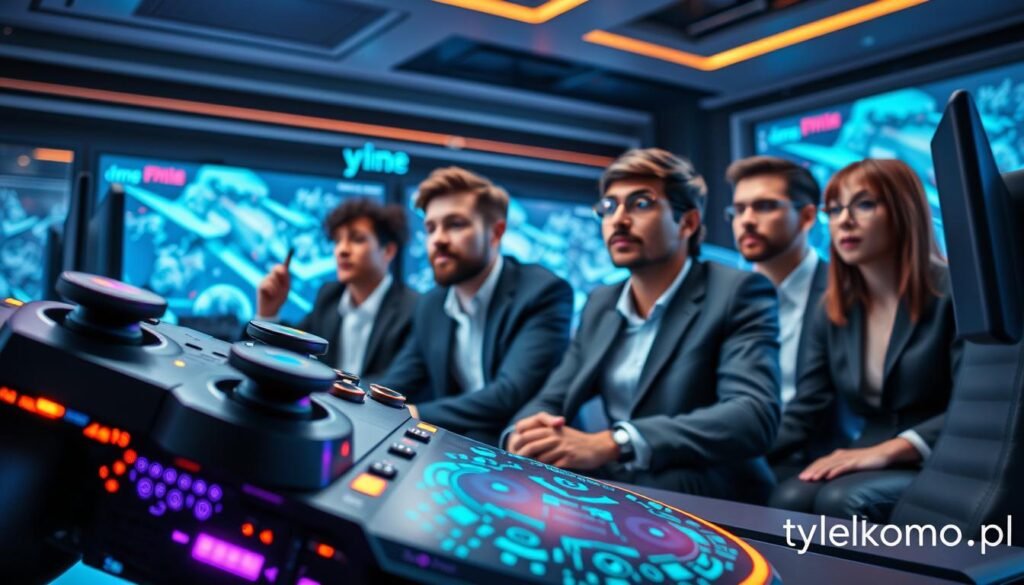 A futuristic gaming environment showcasing the technical aspects of fluid online gameplay. In the foreground, a highly detailed gaming console with vivid lights and intricate designs, accompanied by a sleek wireless controller. The middle ground features a diverse group of gamers, dressed in professional business attire, intensely focused on their screens, with expressions of concentration and excitement. In the background, a digital display of complex graphics and smooth animations demonstrates the advanced technology behind seamless gameplay. Soft, ambient lighting creates a high-tech atmosphere, with lens flares highlighting the glowing screens. The scene conveys a sense of innovation and energy, emphasizing the importance of technical proficiency in online gaming. Include the brand "tylkommo.pl" subtly integrated into the design. A futuristic gaming environment showcasing the technical aspects of fluid online gameplay. In the foreground, a highly detailed gaming console with vivid lights and intricate designs, accompanied by a sleek wireless controller. The middle ground features a diverse group of gamers, dressed in professional business attire, intensely focused on their screens, with expressions of concentration and excitement. In the background, a digital display of complex graphics and smooth animations demonstrates the advanced technology behind seamless gameplay. Soft, ambient lighting creates a high-tech atmosphere, with lens flares highlighting the glowing screens. The scene conveys a sense of innovation and energy, emphasizing the importance of technical proficiency in online gaming. Include the brand "tylkommo.pl" subtly integrated into the design.