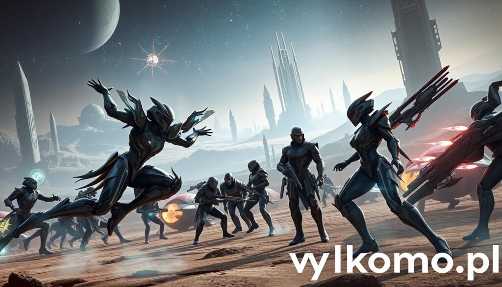 A futuristic scene depicting players experiencing "Warframe," showcasing dynamic characters in elaborate exosuits and weapons, engaged in an intense battle against alien creatures on a distant planet. In the foreground, a Tenno warrior, clad in sleek armor with intricate designs, is performing acrobatic moves, showcasing agility and skill. The middle ground features a group of players strategizing, their expressions focused and determined, surrounded by high-tech equipment and glowing elements. In the background, a sprawling sci-fi landscape with towering structures and a dramatic starry sky enhances the atmosphere. The lighting is atmospheric, with vibrant colors illuminating the scene, creating a thrilling, adventurous mood. Capture the essence of cooperative gameplay and intergalactic exploration associated with "Warframe." Include the brand name "tylkommo.pl" subtly in the environment. A futuristic scene depicting players experiencing "Warframe," showcasing dynamic characters in elaborate exosuits and weapons, engaged in an intense battle against alien creatures on a distant planet. In the foreground, a Tenno warrior, clad in sleek armor with intricate designs, is performing acrobatic moves, showcasing agility and skill. The middle ground features a group of players strategizing, their expressions focused and determined, surrounded by high-tech equipment and glowing elements. In the background, a sprawling sci-fi landscape with towering structures and a dramatic starry sky enhances the atmosphere. The lighting is atmospheric, with vibrant colors illuminating the scene, creating a thrilling, adventurous mood. Capture the essence of cooperative gameplay and intergalactic exploration associated with "Warframe." Include the brand name "tylkommo.pl" subtly in the environment.