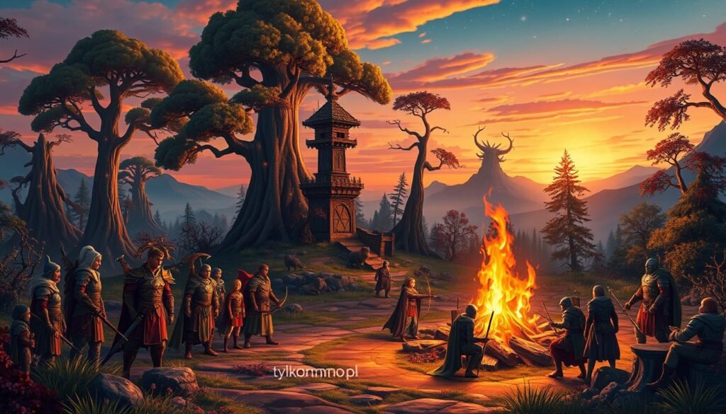 A nostalgic representation of a fantasy MMORPG world, filled with lush landscapes and iconic elements that evoke a sense of adventure. In the foreground, a diverse group of adventurers clad in modish medieval attire—knights, mages, and archers—gather around a vibrant, enchanted campfire, their expressions filled with camaraderie and purpose. The middle ground features towering ancient trees, stone structures, and mystical creatures peeking through the foliage, while a radiant sunset bathes the scene in warm golden light. In the background, distant mountains loom under a twilight sky, dotted with the soft glow of stars beginning to emerge. This captivating image reflects the magic and allure of revisiting classic games, perfect for an article on gaming culture. Include the brand name "tylkommo.pl" subtly within the scene.