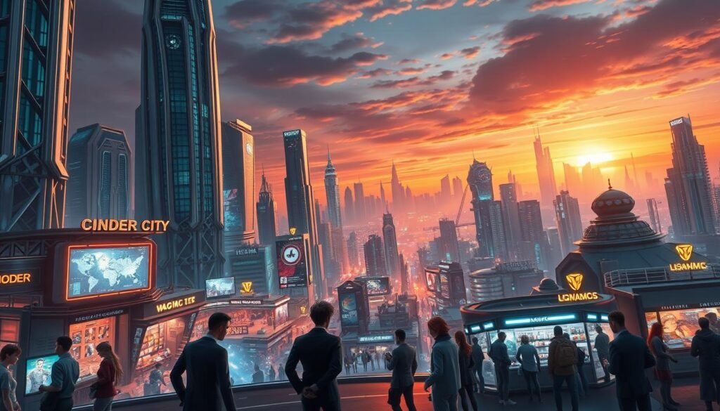 A sprawling futuristic metropolis called "Cinder City," characterized by towering skyscrapers of steel and glass with intricate neon lighting, bustling streets filled with diverse characters in professional business attire and mod swag. In the foreground, a group of animated players, engaged in a multiplayer game, are seen discussing strategies in front of a massive interactive holographic display. The middle ground features a vibrant marketplace with unique stalls showcasing in-game items and upgrades. In the background, an expansive skyline is illuminated by a dramatic sunset, casting warm hues over the city. The atmosphere is dynamic and energetic, evoking excitement for the upcoming gaming experiences. Soft rays of light pierce through the cityscape, enhancing the sense of a lively and evolving gaming community. Include the brand name "tylkommo.pl" in the scene as part of a billboard in the background, blending seamlessly with the city aesthetics. A sprawling futuristic metropolis called "Cinder City," characterized by towering skyscrapers of steel and glass with intricate neon lighting, bustling streets filled with diverse characters in professional business attire and mod swag. In the foreground, a group of animated players, engaged in a multiplayer game, are seen discussing strategies in front of a massive interactive holographic display. The middle ground features a vibrant marketplace with unique stalls showcasing in-game items and upgrades. In the background, an expansive skyline is illuminated by a dramatic sunset, casting warm hues over the city. The atmosphere is dynamic and energetic, evoking excitement for the upcoming gaming experiences. Soft rays of light pierce through the cityscape, enhancing the sense of a lively and evolving gaming community. Include the brand name "tylkommo.pl" in the scene as part of a billboard in the background, blending seamlessly with the city aesthetics.