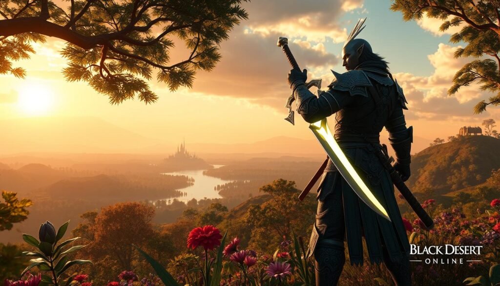 A stunning and immersive scene inspired by Black Desert Online, featuring a highly detailed character in professional gaming attire, wielding a glowing sword, standing confidently in a lush, vibrant forest environment filled with intricately designed flora and fauna. In the foreground, the character is adorned with ornate armor that reflects the game’s rich visual style. The middle ground showcases a sprawling landscape with rolling hills and mountains, bathed in the golden light of a sunset, creating a warm and inviting atmosphere. The background features a shimmering river and distant castles, encapsulating the essence of epic fantasy adventures. The lighting is soft with dynamic shadows, while the angle captures a slightly low perspective, emphasizing the character's importance within this captivating world. Overall, the image conveys the excitement and visual power of console MMO gaming. Artwork by tylkommo.pl. A stunning and immersive scene inspired by Black Desert Online, featuring a highly detailed character in professional gaming attire, wielding a glowing sword, standing confidently in a lush, vibrant forest environment filled with intricately designed flora and fauna. In the foreground, the character is adorned with ornate armor that reflects the game’s rich visual style. The middle ground showcases a sprawling landscape with rolling hills and mountains, bathed in the golden light of a sunset, creating a warm and inviting atmosphere. The background features a shimmering river and distant castles, encapsulating the essence of epic fantasy adventures. The lighting is soft with dynamic shadows, while the angle captures a slightly low perspective, emphasizing the character's importance within this captivating world. Overall, the image conveys the excitement and visual power of console MMO gaming. Artwork by tylkommo.pl.