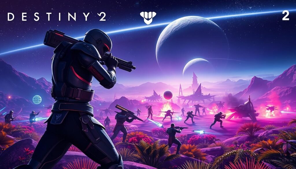 A stunning digital artwork inspired by the universe of Destiny 2, showcasing an epic battle scene on an alien planet. In the foreground, a heroic Guardian in sleek armor wields a futuristic weapon, poised for action. The middle ground features a vibrant, chaotic battlefield with other Guardians engaging in combat, surrounded by exotic flora and neon-lit structures. The background reveals a distant, celestial horizon filled with stars and a massive planetary body, casting a mesmerizing glow over the scene. Utilize dramatic lighting to highlight the intense emotions of the characters and create dynamic shadows. The overall atmosphere should be one of adrenaline and adventure, inviting viewers into the thrilling world of Destiny 2. Render in high resolution, capturing every intricate detail. Tylkommo.pl logo subtly integrated into the corner without text overlays. A stunning digital artwork inspired by the universe of Destiny 2, showcasing an epic battle scene on an alien planet. In the foreground, a heroic Guardian in sleek armor wields a futuristic weapon, poised for action. The middle ground features a vibrant, chaotic battlefield with other Guardians engaging in combat, surrounded by exotic flora and neon-lit structures. The background reveals a distant, celestial horizon filled with stars and a massive planetary body, casting a mesmerizing glow over the scene. Utilize dramatic lighting to highlight the intense emotions of the characters and create dynamic shadows. The overall atmosphere should be one of adrenaline and adventure, inviting viewers into the thrilling world of Destiny 2. Render in high resolution, capturing every intricate detail. Tylkommo.pl logo subtly integrated into the corner without text overlays.