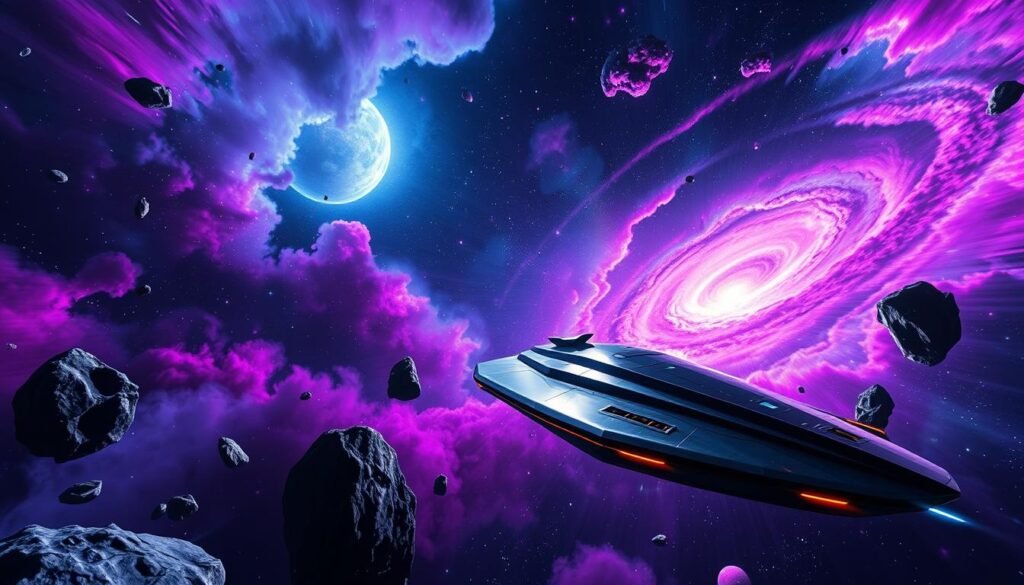 A stunning space scene inspired by "Kosmos Elite Dangerous," featuring a sleek spaceship navigating through a vibrant nebula filled with swirling cosmic clouds in deep purples and blues. In the foreground, the ship is illuminated by the glowing light of distant stars, casting reflections on its metallic surface. The middle ground showcases asteroids and planets, some with intricate surface details, creating a sense of depth. In the background, a mesmerizing galaxy spirals majestically, hinting at the wonders of exploration. The atmosphere is one of adventure and discovery, with a hint of mystery. The scene employs dramatic lighting to enhance the contours of the ship and celestial bodies, captured with a wide-angle lens for an expansive view. This image captures the essence of epic space journeys, perfect for an article by tylkommo.pl. A stunning space scene inspired by "Kosmos Elite Dangerous," featuring a sleek spaceship navigating through a vibrant nebula filled with swirling cosmic clouds in deep purples and blues. In the foreground, the ship is illuminated by the glowing light of distant stars, casting reflections on its metallic surface. The middle ground showcases asteroids and planets, some with intricate surface details, creating a sense of depth. In the background, a mesmerizing galaxy spirals majestically, hinting at the wonders of exploration. The atmosphere is one of adventure and discovery, with a hint of mystery. The scene employs dramatic lighting to enhance the contours of the ship and celestial bodies, captured with a wide-angle lens for an expansive view. This image captures the essence of epic space journeys, perfect for an article by tylkommo.pl.