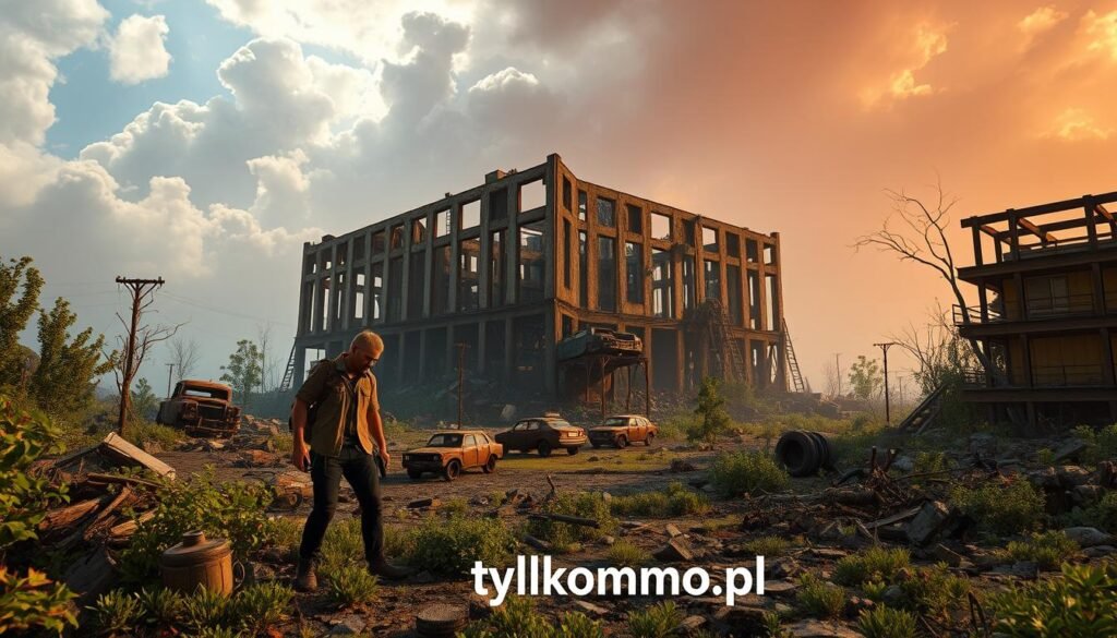 A vibrant and desolate Fallout 76 post-apocalyptic world, showcasing a rugged landscape filled with dilapidated structures and overgrown nature reclaiming urban areas. In the foreground, a weathered survivor in modest casual clothing scavenges amidst scattered debris, highlighting resilience amidst decay. The middle ground features the imposing silhouette of a ruined building, partially collapsed, with rusting vehicles and remnants of civilization. The background presents a hazy sky with dramatic clouds, casting an eerie yet captivating glow over the landscape. The lighting creates a somber mood, evoking a sense of survival and exploration. The image is shot with a wide-angle lens to capture the vastness of the environment and the intricate details of destruction. The branding "tylkommo.pl" subtly integrated into the scene enhances the professional feel without overt distraction. A vibrant and desolate Fallout 76 post-apocalyptic world, showcasing a rugged landscape filled with dilapidated structures and overgrown nature reclaiming urban areas. In the foreground, a weathered survivor in modest casual clothing scavenges amidst scattered debris, highlighting resilience amidst decay. The middle ground features the imposing silhouette of a ruined building, partially collapsed, with rusting vehicles and remnants of civilization. The background presents a hazy sky with dramatic clouds, casting an eerie yet captivating glow over the landscape. The lighting creates a somber mood, evoking a sense of survival and exploration. The image is shot with a wide-angle lens to capture the vastness of the environment and the intricate details of destruction. The branding "tylkommo.pl" subtly integrated into the scene enhances the professional feel without overt distraction.