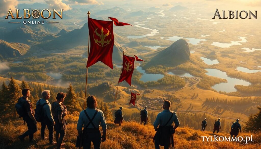 A vibrant and detailed illustration of the "Albion Online" territory system, showcasing a sprawling landscape filled with diverse biomes including lush forests, rocky mountains, and serene lakes. In the foreground, a group of adventurers in professional casual attire engage in strategic discussions, planning their next guild raid. The middle layer features guild banners fluttering in the wind, symbolizing unity and strength, while other players explore nearby. The background displays a sprawling world map, highlighting key territories and guild hubs. The scene is bathed in soft, warm lighting, creating an inviting atmosphere, as the sun sets over the horizon. Use a wide-angle lens to capture the expansive view, emphasizing the sense of community and adventure in Albion Online. Include the brand name "tylkommo.pl" subtly in the corner. A vibrant and detailed illustration of the "Albion Online" territory system, showcasing a sprawling landscape filled with diverse biomes including lush forests, rocky mountains, and serene lakes. In the foreground, a group of adventurers in professional casual attire engage in strategic discussions, planning their next guild raid. The middle layer features guild banners fluttering in the wind, symbolizing unity and strength, while other players explore nearby. The background displays a sprawling world map, highlighting key territories and guild hubs. The scene is bathed in soft, warm lighting, creating an inviting atmosphere, as the sun sets over the horizon. Use a wide-angle lens to capture the expansive view, emphasizing the sense of community and adventure in Albion Online. Include the brand name "tylkommo.pl" subtly in the corner.