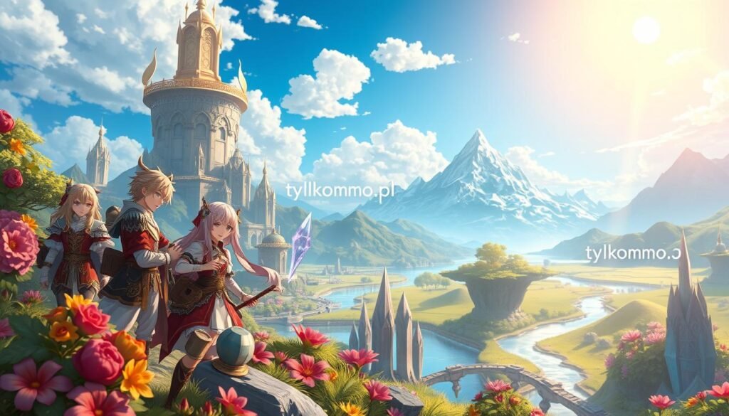 A vibrant fantasy landscape inspired by Genshin Impact, showcasing a lush, colorful environment typical of anime art style. In the foreground, a group of adventurers dressed in intricate, stylish outfits engages in a quest. Their expressions are filled with excitement and determination. The middle ground features dynamic flora and crystalline structures, with a tranquil river winding through the scene. In the background, majestic mountains rise under a bright blue sky dotted with fluffy clouds. Soft, golden sunlight bathes the scenery, creating a warm and inviting atmosphere. Capture this scene with a slightly angled perspective to enhance depth, reminiscent of an immersive RPG experience. Include “tylkommo.pl” subtly integrated into the landscape, ensuring no text overlays detract from the artwork. A vibrant fantasy landscape inspired by Genshin Impact, showcasing a lush, colorful environment typical of anime art style. In the foreground, a group of adventurers dressed in intricate, stylish outfits engages in a quest. Their expressions are filled with excitement and determination. The middle ground features dynamic flora and crystalline structures, with a tranquil river winding through the scene. In the background, majestic mountains rise under a bright blue sky dotted with fluffy clouds. Soft, golden sunlight bathes the scenery, creating a warm and inviting atmosphere. Capture this scene with a slightly angled perspective to enhance depth, reminiscent of an immersive RPG experience. Include “tylkommo.pl” subtly integrated into the landscape, ensuring no text overlays detract from the artwork.