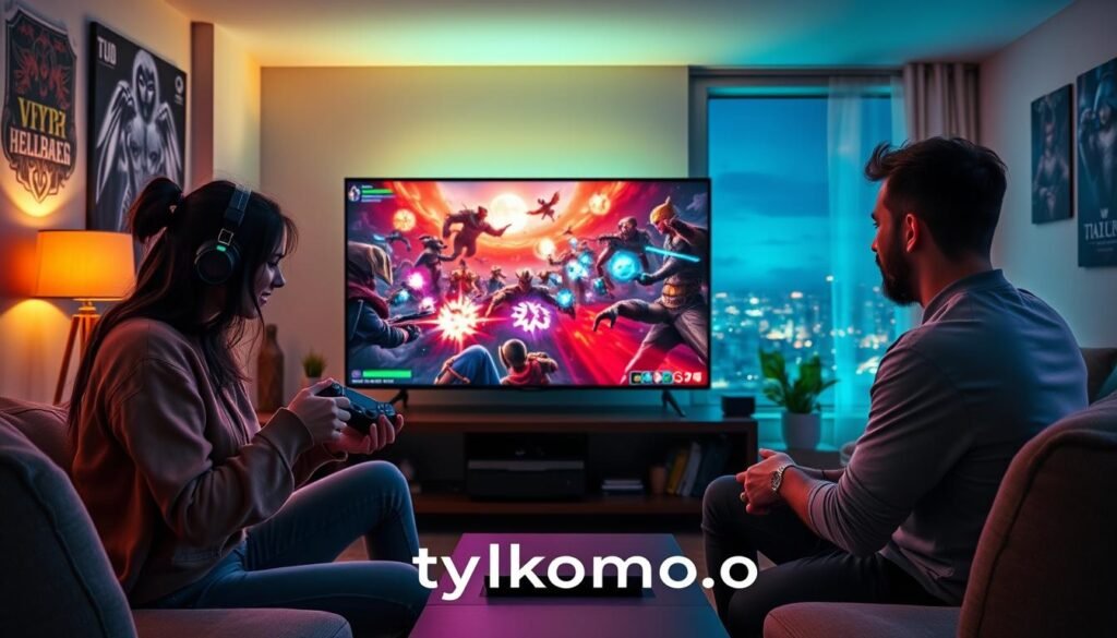A vibrant living room scene featuring a diverse group of four gamers, deeply engaged in playing an exciting online multiplayer game together on their consoles. In the foreground, two players, one female and one male, passionately discuss strategies while holding game controllers. Both are dressed in casual attire, exuding enthusiasm. The middle layer showcases an oversized TV screen displaying a colorful in-game action scene filled with fantasy elements, glowing powers, and intricate character designs. The background features gaming posters on the walls and soft ambient lighting creating an inviting atmosphere. A large window shows a serene night sky outside, with city lights twinkling, adding to the cozy feel. The overall mood is one of camaraderie and excitement, highlighting the joy of online gaming. Include the brand name "tylkommo.pl" subtly integrated into the room decor. A vibrant living room scene featuring a diverse group of four gamers, deeply engaged in playing an exciting online multiplayer game together on their consoles. In the foreground, two players, one female and one male, passionately discuss strategies while holding game controllers. Both are dressed in casual attire, exuding enthusiasm. The middle layer showcases an oversized TV screen displaying a colorful in-game action scene filled with fantasy elements, glowing powers, and intricate character designs. The background features gaming posters on the walls and soft ambient lighting creating an inviting atmosphere. A large window shows a serene night sky outside, with city lights twinkling, adding to the cozy feel. The overall mood is one of camaraderie and excitement, highlighting the joy of online gaming. Include the brand name "tylkommo.pl" subtly integrated into the room decor.