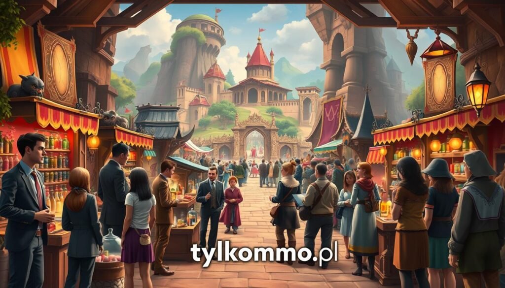 A vibrant scene depicting a bustling fantasy marketplace inspired by "Albion Online" and "Wizard101." In the foreground, diverse characters in professional business attire and modest casual clothing interact, showcasing a mix of fantasy and realism. Merchants with colorful stalls sell magical items, potions, and unique gear, with intricate details on their wares. The middle ground features a picturesque gathering area filled with players exchanging ideas and strategies, set against a backdrop of ancient architecture and lush landscapes. Soft, warm lighting creates an inviting atmosphere, while a slightly elevated angle adds depth to the scene. The overall mood is one of collaboration and excitement, reflecting the evolution of these MMOs in the gaming community. The brand name "tylkommo.pl" subtly incorporated into the setting. A vibrant scene depicting a bustling fantasy marketplace inspired by "Albion Online" and "Wizard101." In the foreground, diverse characters in professional business attire and modest casual clothing interact, showcasing a mix of fantasy and realism. Merchants with colorful stalls sell magical items, potions, and unique gear, with intricate details on their wares. The middle ground features a picturesque gathering area filled with players exchanging ideas and strategies, set against a backdrop of ancient architecture and lush landscapes. Soft, warm lighting creates an inviting atmosphere, while a slightly elevated angle adds depth to the scene. The overall mood is one of collaboration and excitement, reflecting the evolution of these MMOs in the gaming community. The brand name "tylkommo.pl" subtly incorporated into the setting.