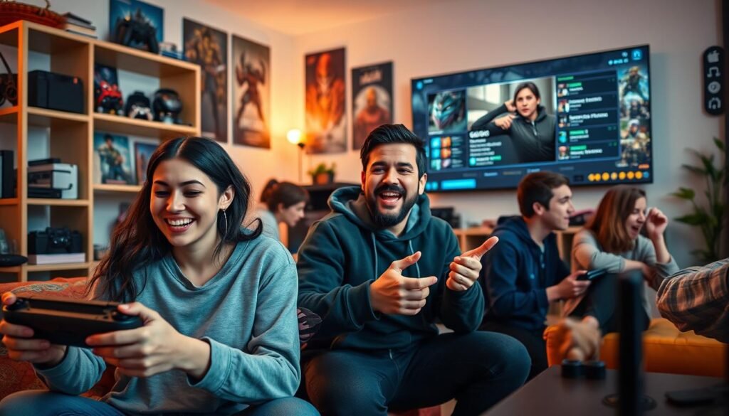 A vibrant scene depicting a diverse group of gamers actively engaging in an MMO on consoles. In the foreground, a young woman in casual clothing, focused on her console, displays a joyful expression. Next to her, a man in a gamer hoodie gestures animatedly, showcasing their excitement. The middle ground features a cozy living room setting, with shelves filled with gaming accessories and posters of popular MMOs. In the background, soft lighting enhances a friendly and inviting atmosphere, creating a sense of community. A large TV screen displays an in-game interface, hinting at a guild quest. Capture this moment in warm, inviting colors with a slight depth of field effect, ensuring the focus remains on the gamers. Include subtle branding of "tylkommo.pl" in the scene, enhancing the gaming context without overwhelming the image.