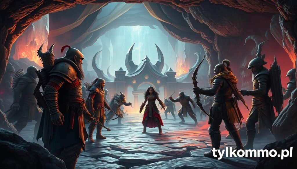 A vibrant scene depicting players in a fantastical dungeon from the Lost Ark game, ready to tackle a challenging instance together. In the foreground, a diverse group of characters, including a warrior, mage, and archer, equipped with intricate armor and weapons, are strategizing. The middle ground showcases a dramatic, mystical environment with glowing crystals and ancient ruins, creating an atmosphere of teamwork and excitement. The background features ominous shadows and hints of monstrous creatures lurking, adding tension. Soft, ambient lighting illuminates the scene, enhancing the sense of camaraderie and adventure. The image should capture the spirit of collaboration and the thrill of exploration. The branding "tylkommo.pl" subtly integrated into the environment without overlaying the main elements.