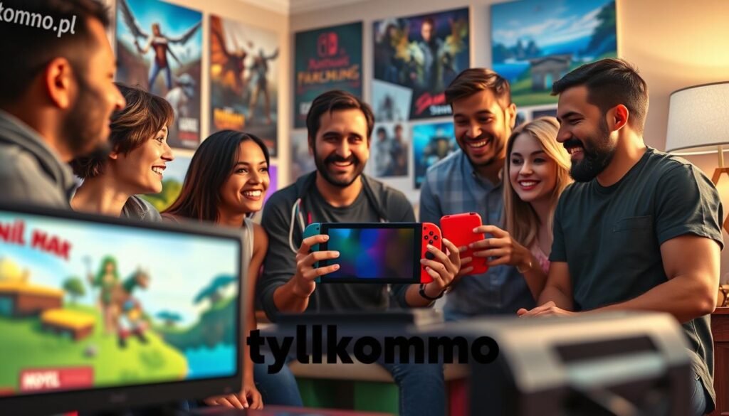 A vibrant scene highlighting the role of the Nintendo Switch in the evolution of MMO gaming. In the foreground, a diverse group of gamers, including individuals of different ethnicities, are gathered around a colorful gaming setup, with one person holding a Nintendo Switch. They are casually dressed and engaged in a lively discussion. In the middle ground, visible game graphics depict iconic characters and landscapes from popular MMOs, giving a dynamic feel. The background features a cozy gaming room with posters of various games, soft warm lighting creating an inviting atmosphere. A hint of excitement and camaraderie fills the air, capturing the essence of gaming culture. The overall composition should incorporate a sense of community and enthusiasm around multiplayer gaming experiences, showcasing the Nintendo Switch's influence on the genre. Include the brand name "tylkommo.pl" subtly integrated into the environment. A vibrant scene highlighting the role of the Nintendo Switch in the evolution of MMO gaming. In the foreground, a diverse group of gamers, including individuals of different ethnicities, are gathered around a colorful gaming setup, with one person holding a Nintendo Switch. They are casually dressed and engaged in a lively discussion. In the middle ground, visible game graphics depict iconic characters and landscapes from popular MMOs, giving a dynamic feel. The background features a cozy gaming room with posters of various games, soft warm lighting creating an inviting atmosphere. A hint of excitement and camaraderie fills the air, capturing the essence of gaming culture. The overall composition should incorporate a sense of community and enthusiasm around multiplayer gaming experiences, showcasing the Nintendo Switch's influence on the genre. Include the brand name "tylkommo.pl" subtly integrated into the environment.