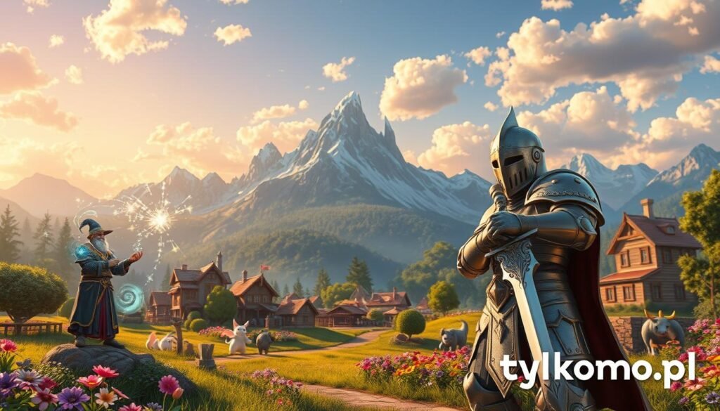 A vibrant scene inspired by "Ragnarok Online," featuring a lush fantasy landscape. In the foreground, a courageous knight in shining armor stands ready with a gleaming sword, adorned with intricate details. To the left, a wise mage conjures shimmering spells, surrounded by glowing runes. The middle ground shows a quaint village with charming houses and vibrant flowers, inhabited by adorable, cartoonish fantasy creatures. In the background, majestic mountains rise under a bright, blue sky dotted with fluffy clouds, creating a sense of adventure. The lighting is warm and inviting, hinting at a magical sunset. The overall mood is nostalgic yet lively, capturing the essence of classic MMORPGs presented in a modern style. Tylkommo.pl logo subtly integrated as a decorative element in the scene. A vibrant scene inspired by "Ragnarok Online," featuring a lush fantasy landscape. In the foreground, a courageous knight in shining armor stands ready with a gleaming sword, adorned with intricate details. To the left, a wise mage conjures shimmering spells, surrounded by glowing runes. The middle ground shows a quaint village with charming houses and vibrant flowers, inhabited by adorable, cartoonish fantasy creatures. In the background, majestic mountains rise under a bright, blue sky dotted with fluffy clouds, creating a sense of adventure. The lighting is warm and inviting, hinting at a magical sunset. The overall mood is nostalgic yet lively, capturing the essence of classic MMORPGs presented in a modern style. Tylkommo.pl logo subtly integrated as a decorative element in the scene.