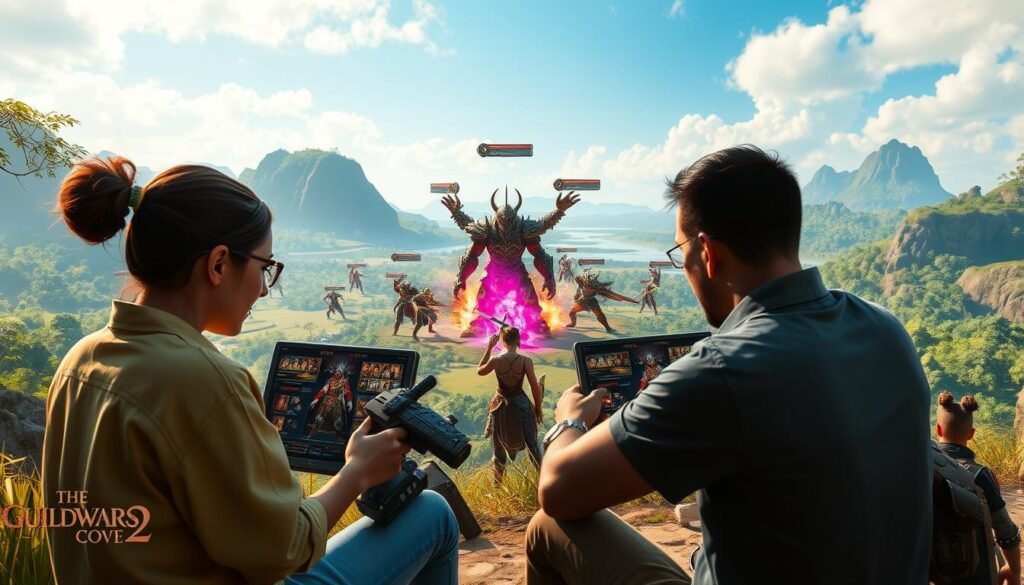A vibrant scene showcasing a group of diverse Guild Wars 2 players immersed in dynamic gameplay. In the foreground, two players in casual, modest clothing intensely focus on their screens, demonstrating collaborative gameplay strategies. The middle ground features their colorful character avatars, ranging from a fierce Charr warrior to an elegant Norn ranger, each engaged in an epic battle against a massive event boss. The background depicts a stunning, wide-open Southsun Cove landscape with lush jungles and a clear blue sky, filled with dynamic event markers. Soft, warm lighting gives the scene a lively, optimistic atmosphere, capturing the exhilarating moment of teamwork. The overall feel is energetic and immersive, reflecting the thrill of playing Guild Wars 2. Tylkommo.pl A vibrant scene showcasing a group of diverse Guild Wars 2 players immersed in dynamic gameplay. In the foreground, two players in casual, modest clothing intensely focus on their screens, demonstrating collaborative gameplay strategies. The middle ground features their colorful character avatars, ranging from a fierce Charr warrior to an elegant Norn ranger, each engaged in an epic battle against a massive event boss. The background depicts a stunning, wide-open Southsun Cove landscape with lush jungles and a clear blue sky, filled with dynamic event markers. Soft, warm lighting gives the scene a lively, optimistic atmosphere, capturing the exhilarating moment of teamwork. The overall feel is energetic and immersive, reflecting the thrill of playing Guild Wars 2. Tylkommo.pl